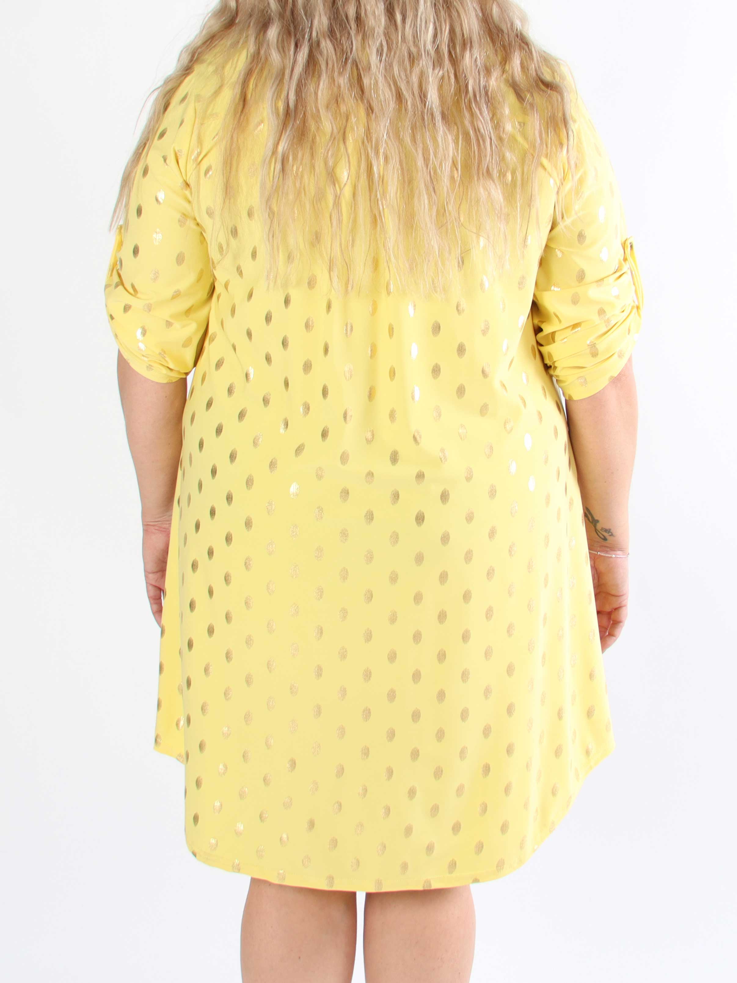Ebba Gold Long - Elastisk plus size kjole med guld prikker